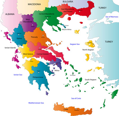 Greece peripheries and capital cities map